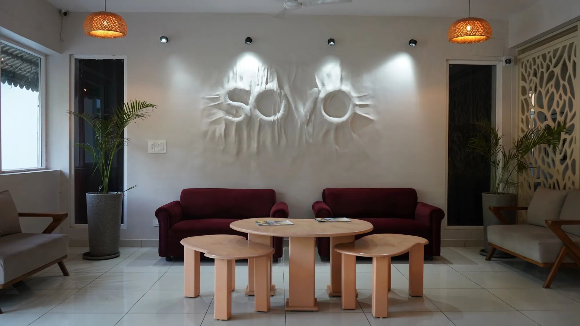 SOVO's reception, with the school's name sculpted into the wall