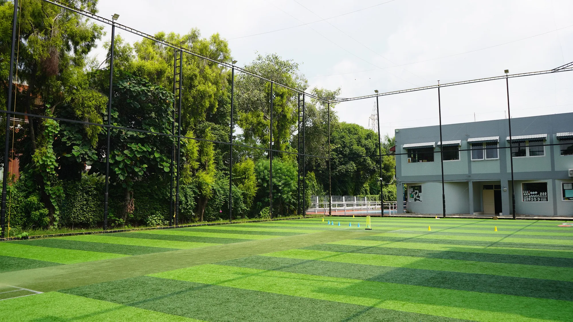 The green sports turf beside the Mohali school building