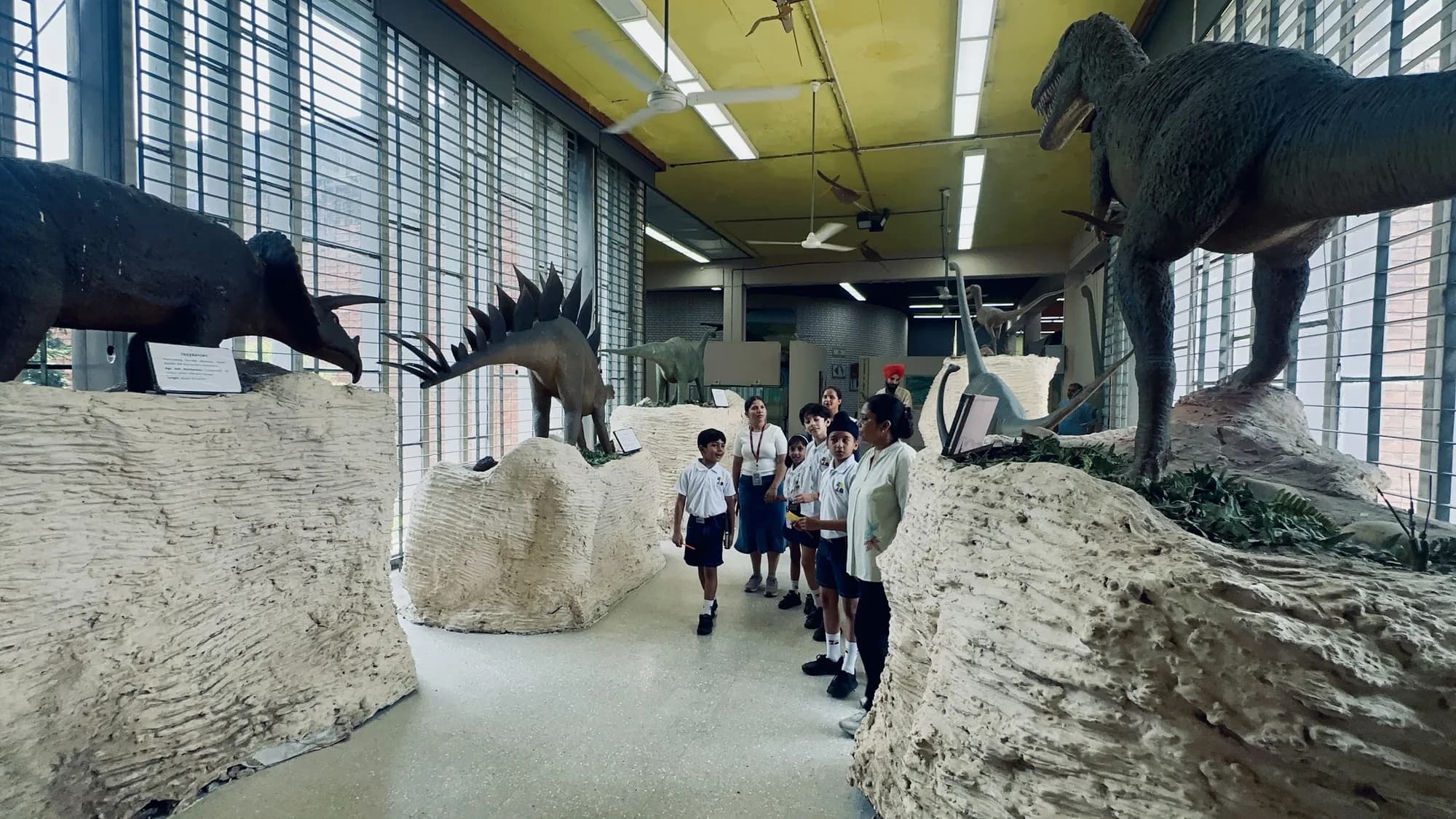 Students walking between life-size dinosaur models at a museum